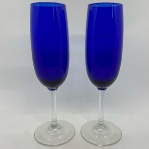 Pair of Cobalt Blue Champagne Flutes with Clear Stems